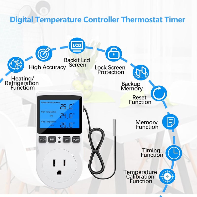 diymore Digital Thermostat Temperature Controller Electric Digital RV Thermostat Heating Cooling Control Mode Timer 1800W 120V 15A Incubator Thermometer Reptile Thermostat Greenhouse Pool Thermometer - Image 2